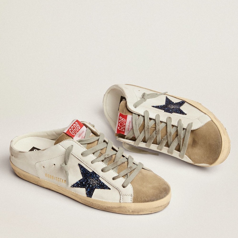 Golden Goose Super-Star Sabots with Blue Glitter Star TDSS13041