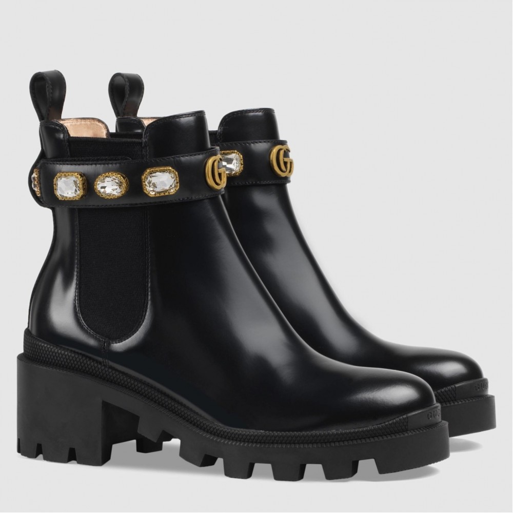 Gucci Ankle Boots in Black Leather with Crystals Strap TDSS26004