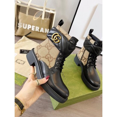 Gucci Ankle Boots with Double G in GG Canvas and Black Leather TDSS26010