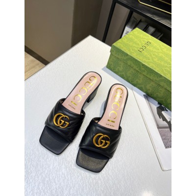 Gucci Double G Slide Sandals 55mm in Black Matelasse Leather TDSS26243