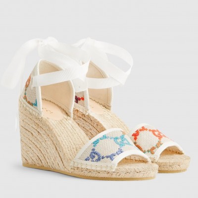 Gucci Espadrille Wedge Sandals In Multicolor GG Linen TDSS26036