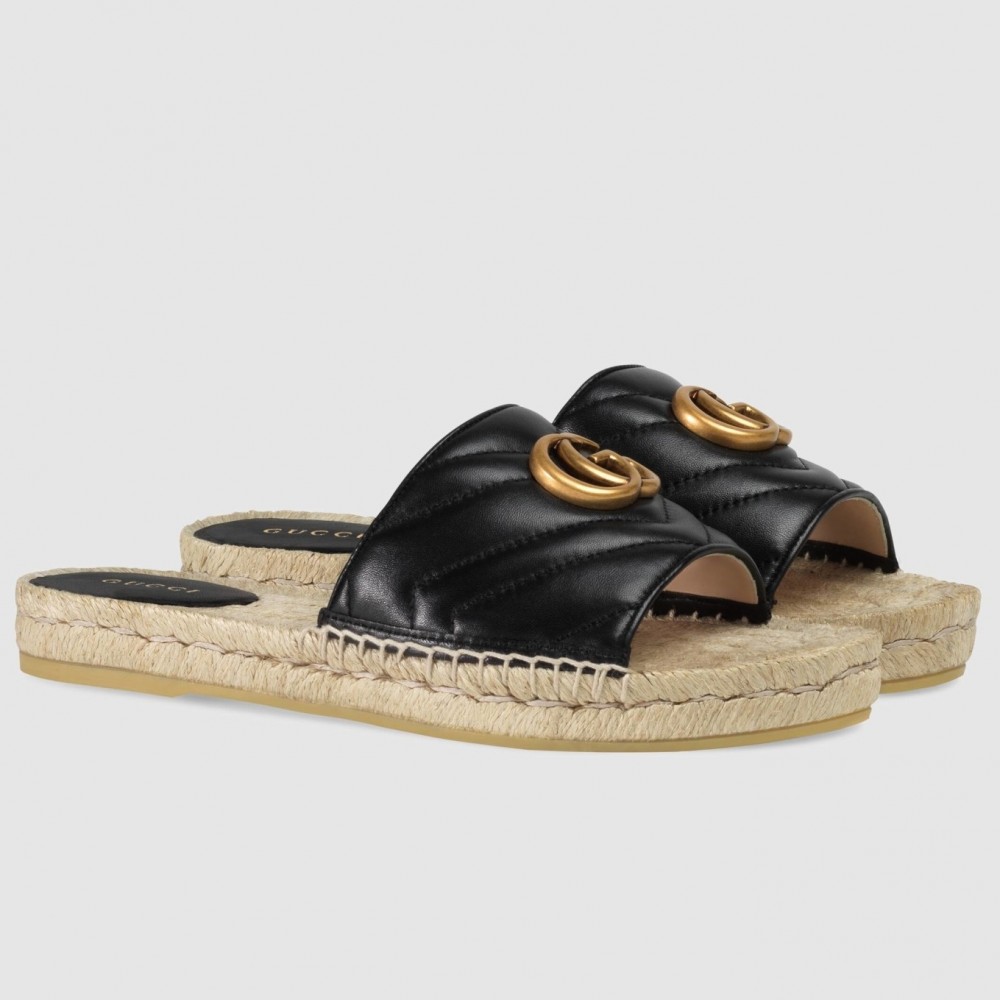 Gucci Espadrilles Slides in Black Matelasse Leather with Double G TDSS26037