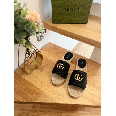 Gucci Espadrilles Slides in Black Matelasse Leather with Double G TDSS26037