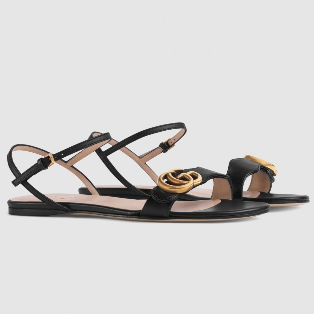 Gucci Flat Sandals in Black Leather with Double G TDSS26047