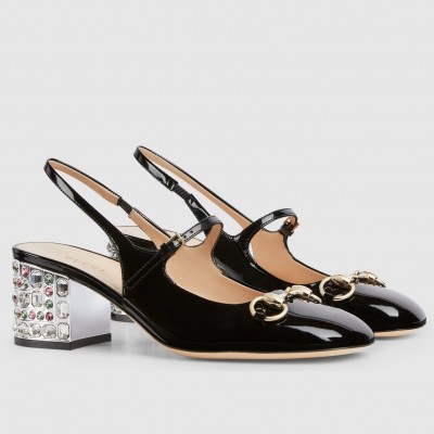 Gucci Horsebit Mary Jane Pumps 55mm in Black Patent with Crystals TDSS26137