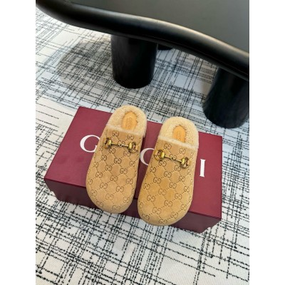 Gucci Horsebit Mules in Beige GG Suede with Shearling TDSS26126