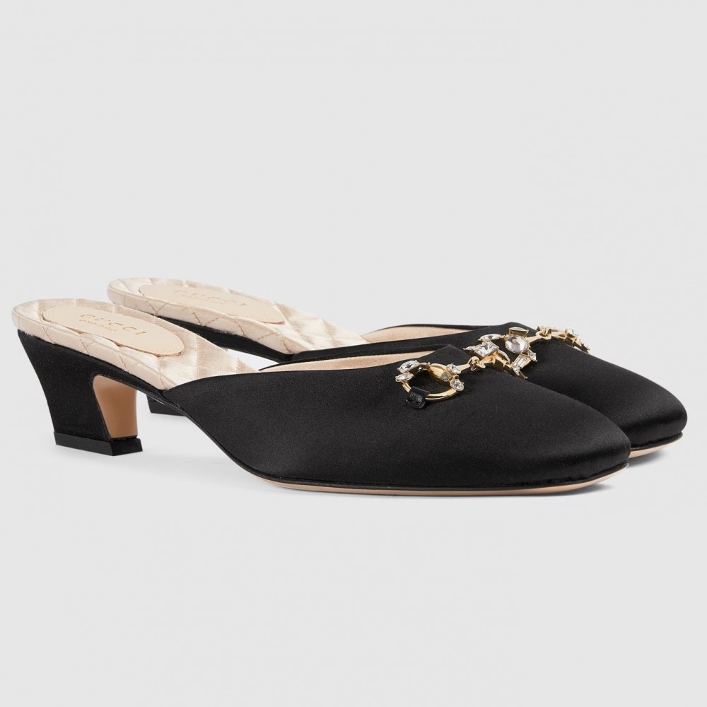 Gucci Horsebit Mules in Black Satin with Crystals TDSS26127