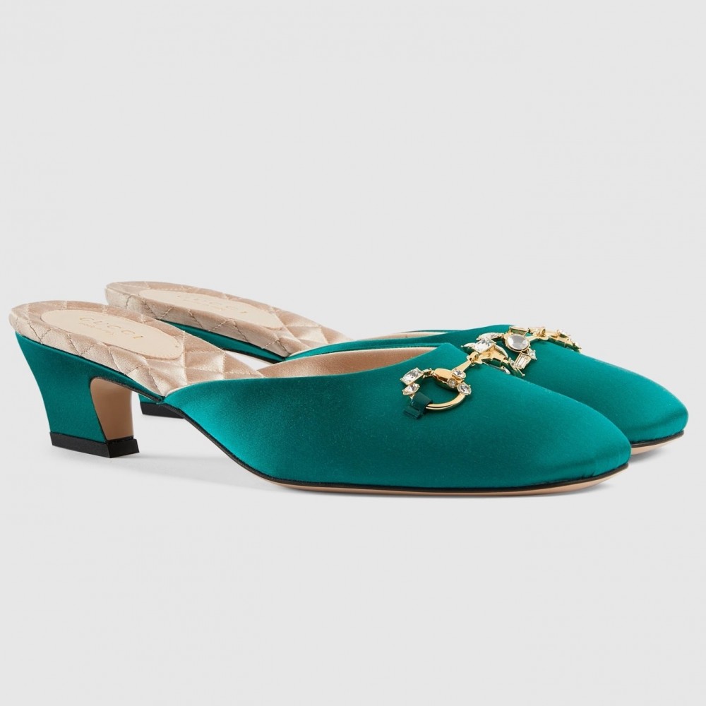 Gucci Horsebit Mules in Green Satin with Crystals TDSS26128