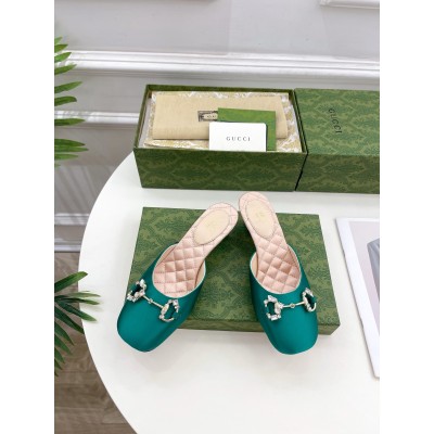 Gucci Horsebit Mules in Green Satin with Crystals TDSS26128