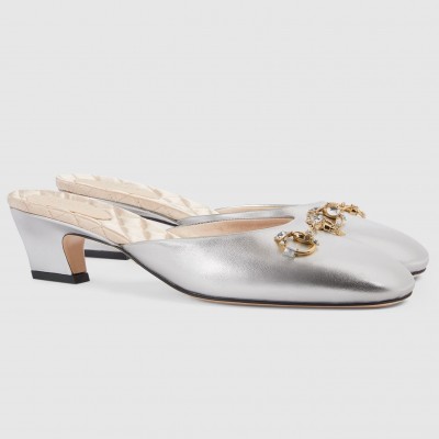 Gucci Horsebit Mules in Silver Metallic Leather with Crystals TDSS26129