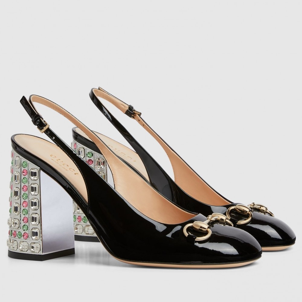 Gucci Horsebit Pumps 95mm with Crystals in Black Patent Leather TDSS26141