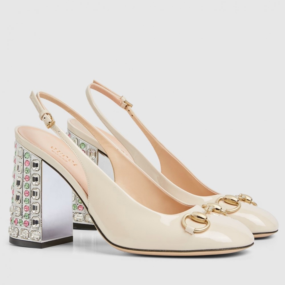 Gucci Horsebit Pumps 95mm with Crystals in White Patent Leather TDSS26142