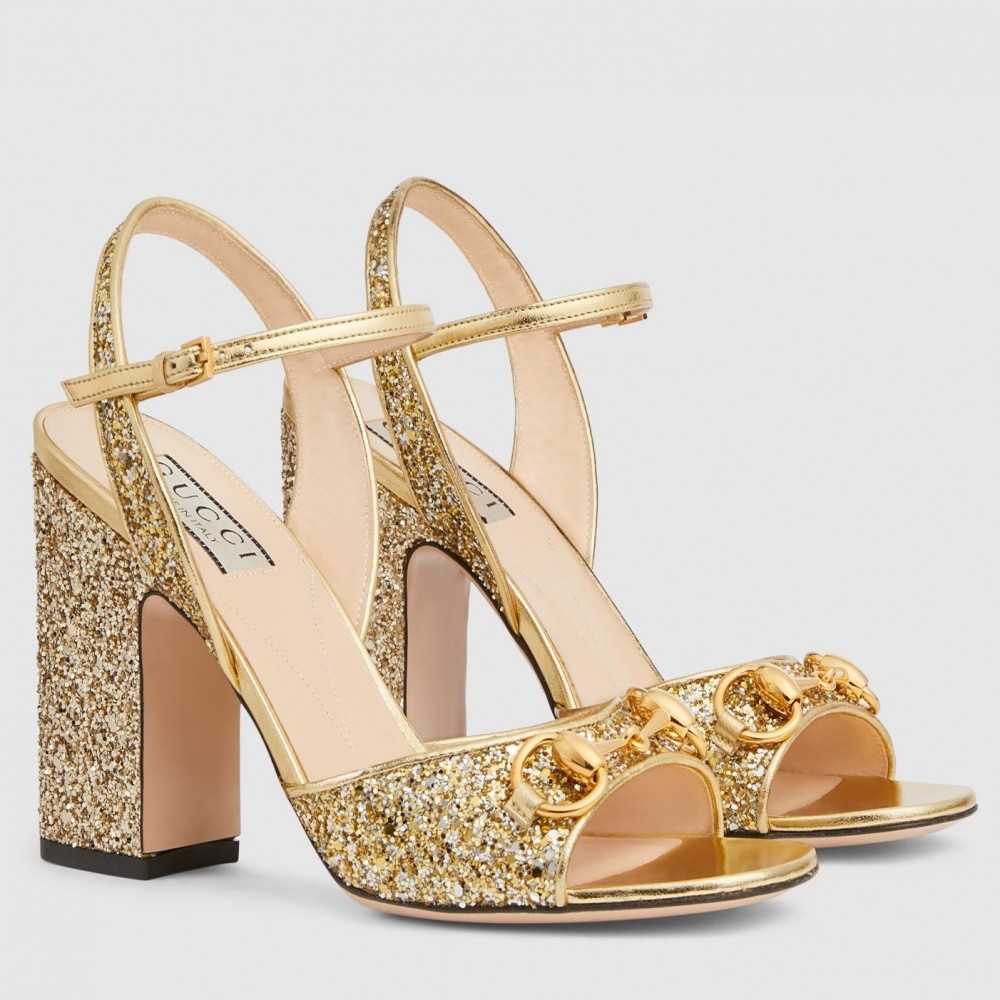 Gucci Horsebit Sandals 95mm in Metallic Gold Leather with Crystals TDSS26190