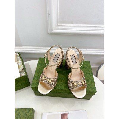 Gucci Horsebit Sandals 95mm in Metallic Gold Leather with Crystals TDSS26190