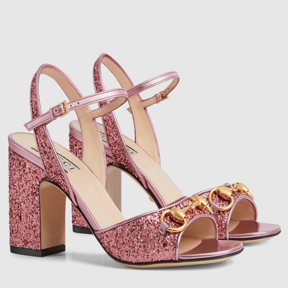 Gucci Horsebit Sandals 95mm in Metallic Pink Leather with Crystals TDSS26191