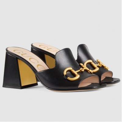 Gucci Horsebit Slide Sandals 75mm in Black Leather TDSS26248