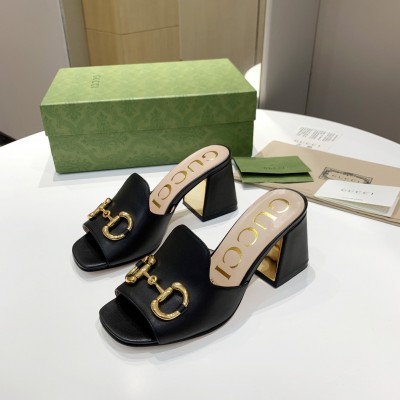 Gucci Horsebit Slide Sandals 75mm in Black Leather TDSS26248