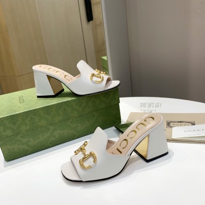 Gucci Horsebit Slide Sandals 75mm in White Leather TDSS26249