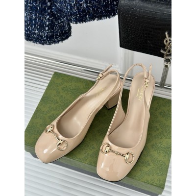 Gucci Horsebit Slingback Pumps 75mm in Beige Patent Calfskin TDSS26145