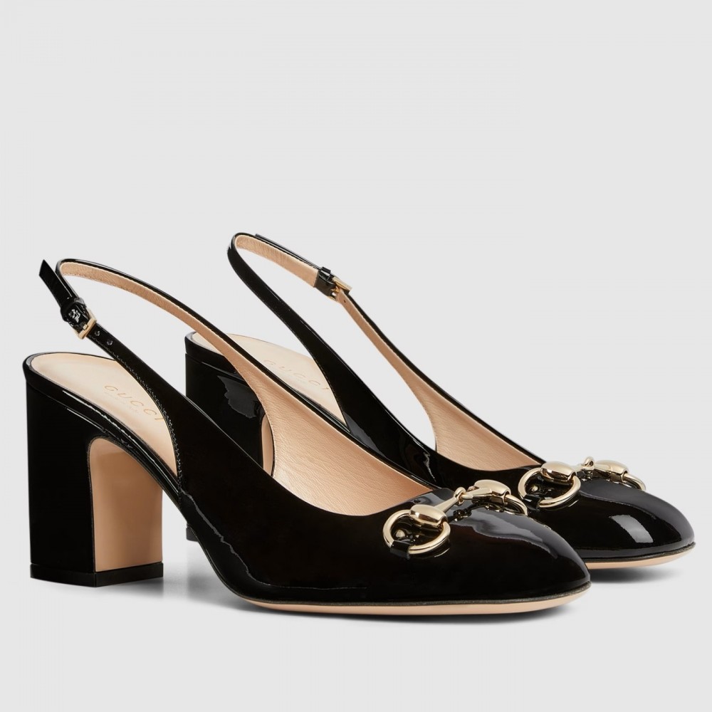 Gucci Horsebit Slingback Pumps 75mm in Black Patent Calfskin TDSS26146