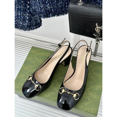 Gucci Horsebit Slingback Pumps 75mm in Black Patent Calfskin TDSS26146