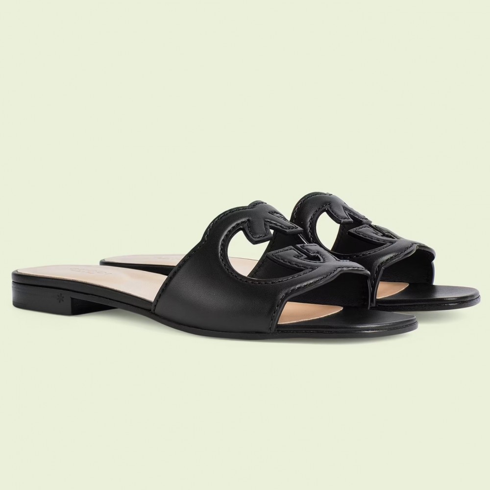 Gucci Interlocking G Cut-out Slide Sandals in Black Leather TDSS26252