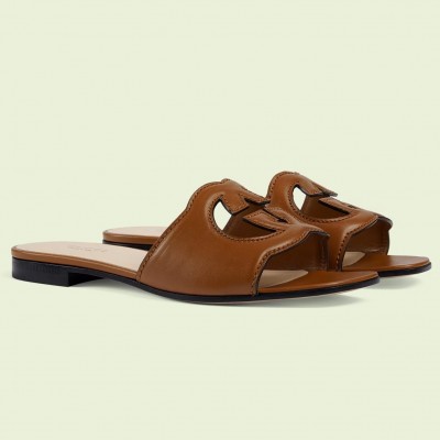 Gucci Interlocking G Cut-out Slide Sandals in Brown Leather TDSS26253