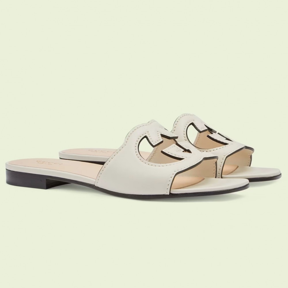 Gucci Interlocking G Cut-out Slide Sandals in White Leather TDSS26254