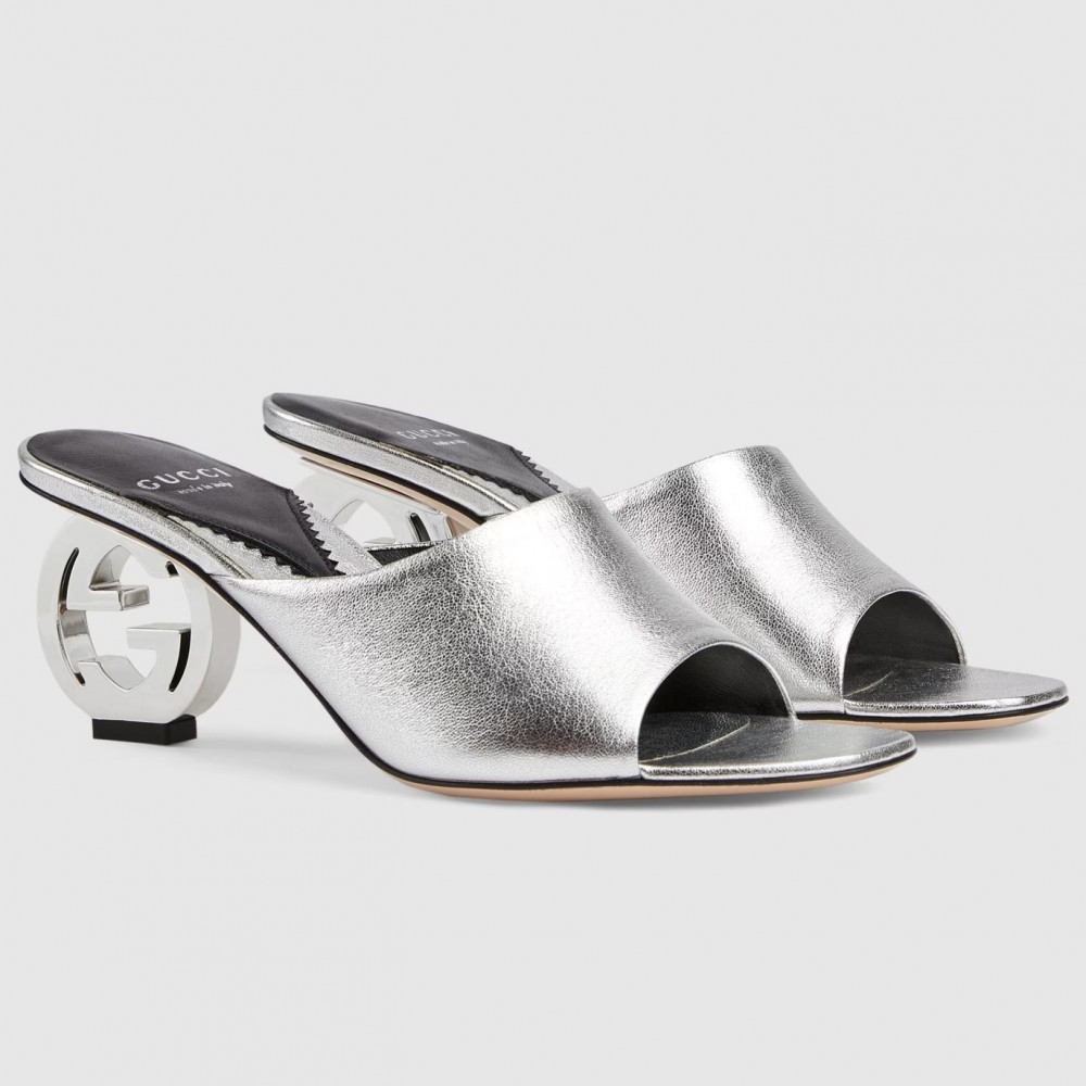 Gucci Interlocking G Heel Sandals in Silver Metallic Leather TDSS26196