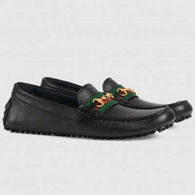 Gucci Interlocking G Horsebit Drive Loafers in Black Leather with Web TDSS26063