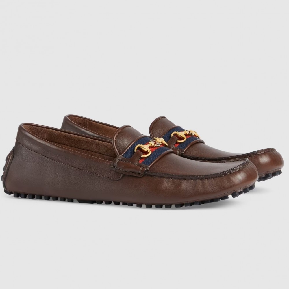 Gucci Interlocking G Horsebit Drive Loafers in Brown Leather with Web TDSS26064