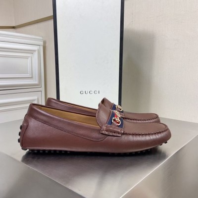 Gucci Interlocking G Horsebit Drive Loafers in Brown Leather with Web TDSS26064