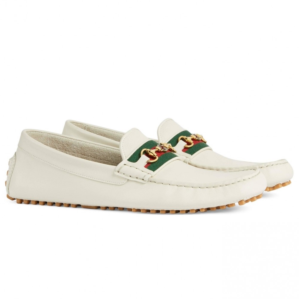 Gucci Interlocking G Horsebit Drive Loafers in White Leather with Web TDSS26065