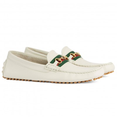 Gucci Interlocking G Horsebit Drive Loafers in White Leather with Web TDSS26065