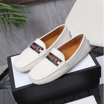 Gucci Interlocking G Horsebit Drive Loafers in White Leather with Web TDSS26065