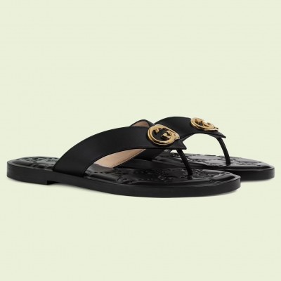 Gucci Interlocking G thong Sandals in Black Leather TDSS26198