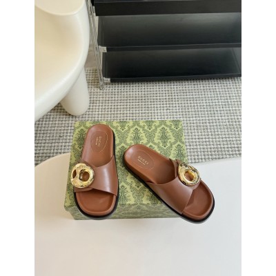 Gucci Marina Chain Slide Sandals in Brown Leather TDSS26255