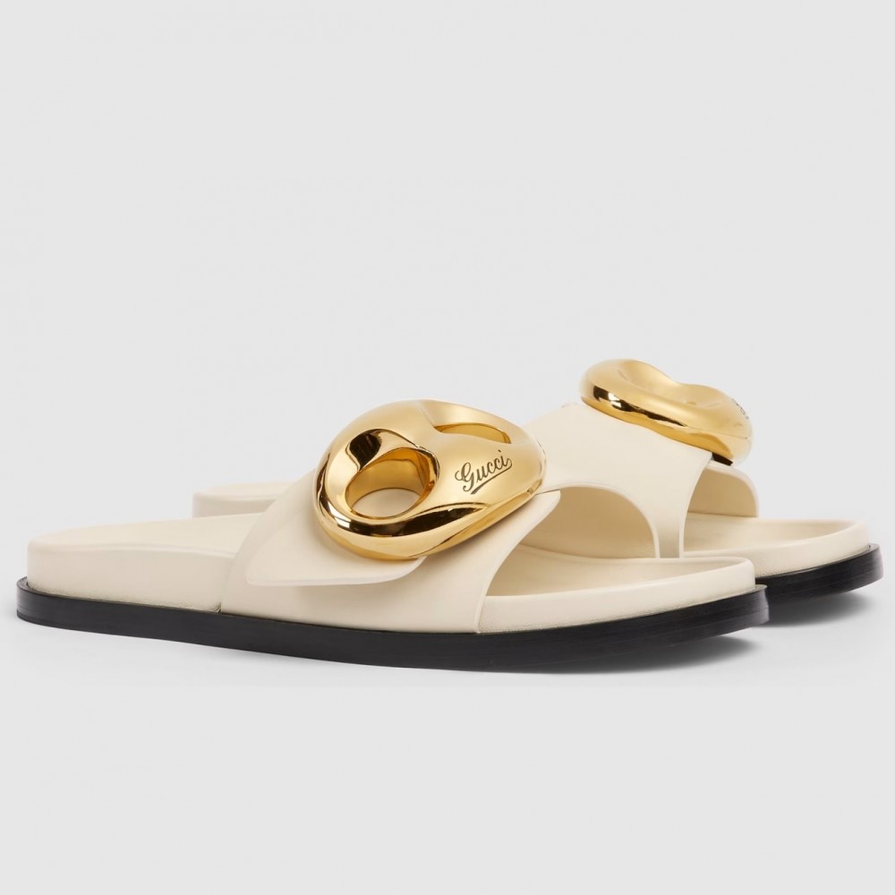 Gucci Marina Chain Slide Sandals in White Leather TDSS26256