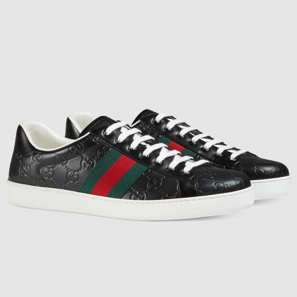 Gucci Men's Ace Sneakers in Black Signature Leather with Web TDSS26311