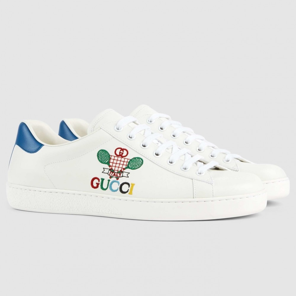 Gucci Men's Ace Sneakers in White Leather with Tennis Print TDSS26318