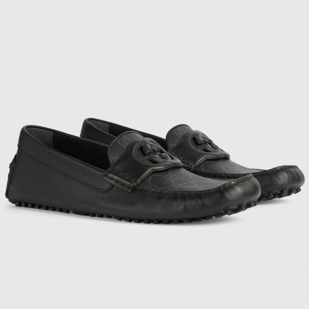 Gucci Men's Drive Loafers in Black Leather and GG Supreme Canvas TDSS26066