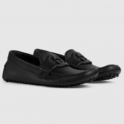 Gucci Men's Drive Loafers in Black Leather with Cut-out Interlocking G TDSS26067