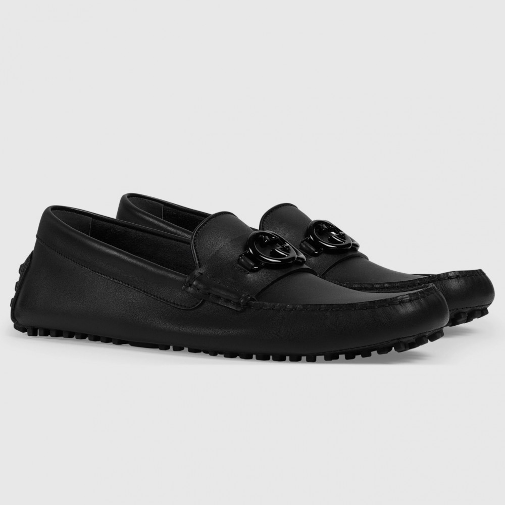 Gucci Men's Drive Loafers in Black Leather with Interlocking G TDSS26068