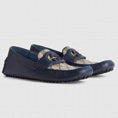 Gucci Men's Drive Loafers in Blue Leather and GG Supreme Canvas TDSS26069