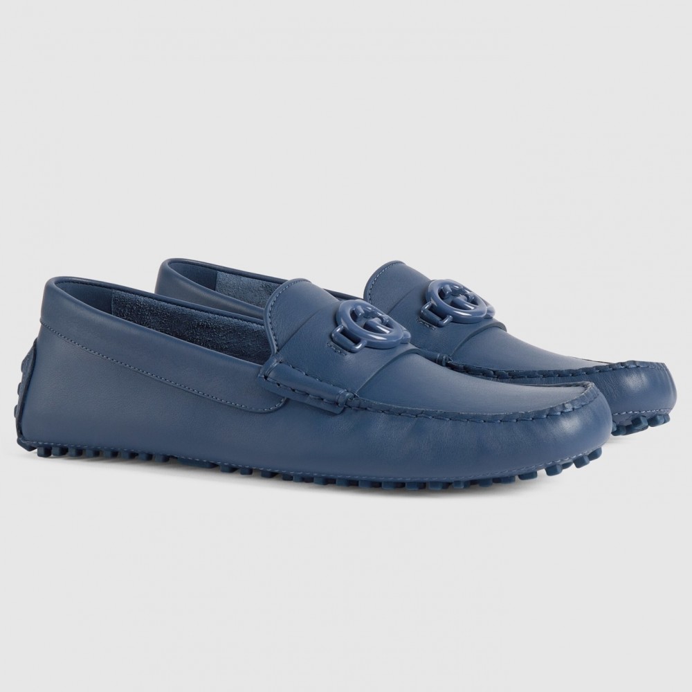 Gucci Men's Drive Loafers in Blue Leather with Interlocking G TDSS26070