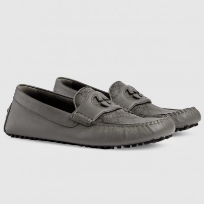 Gucci Men's Drive Loafers in Grey Leather and GG Supreme Canvas TDSS26071