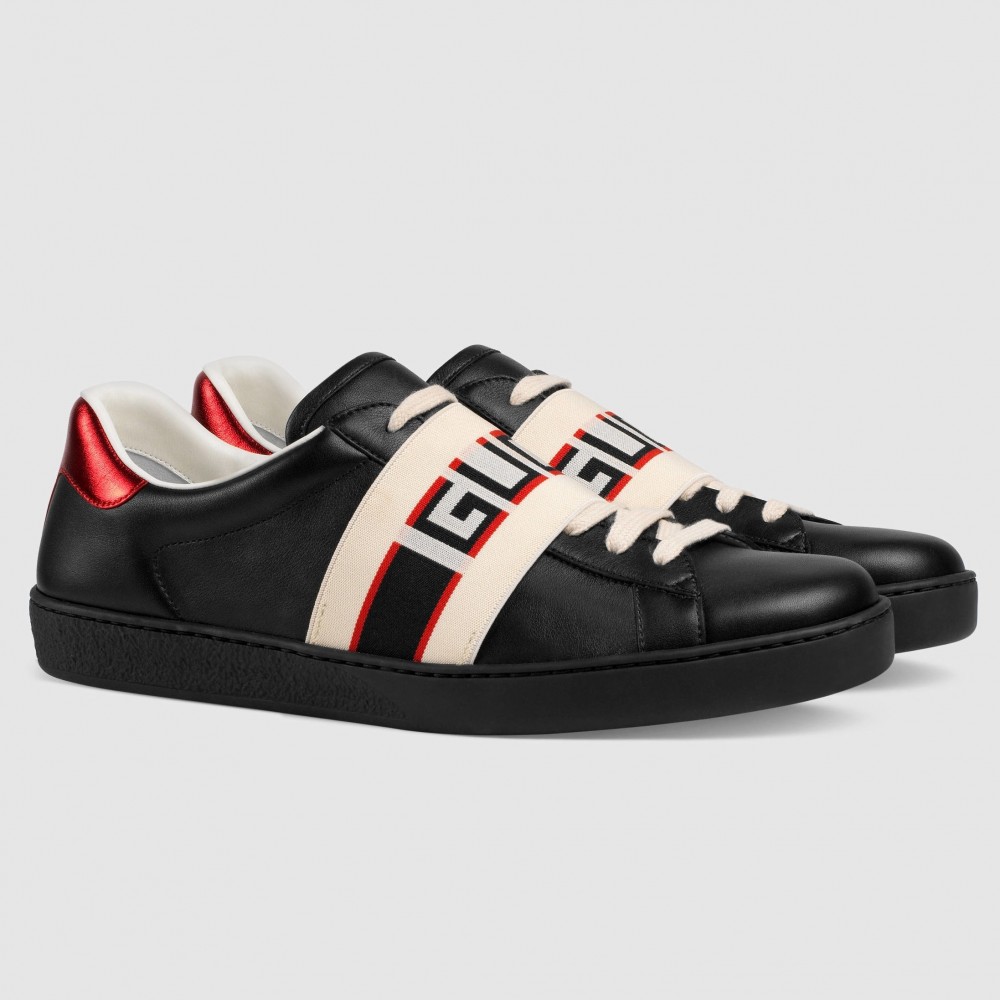 Gucci Men's Elastic Stripe Sneakers in Black Leather TDSS26324