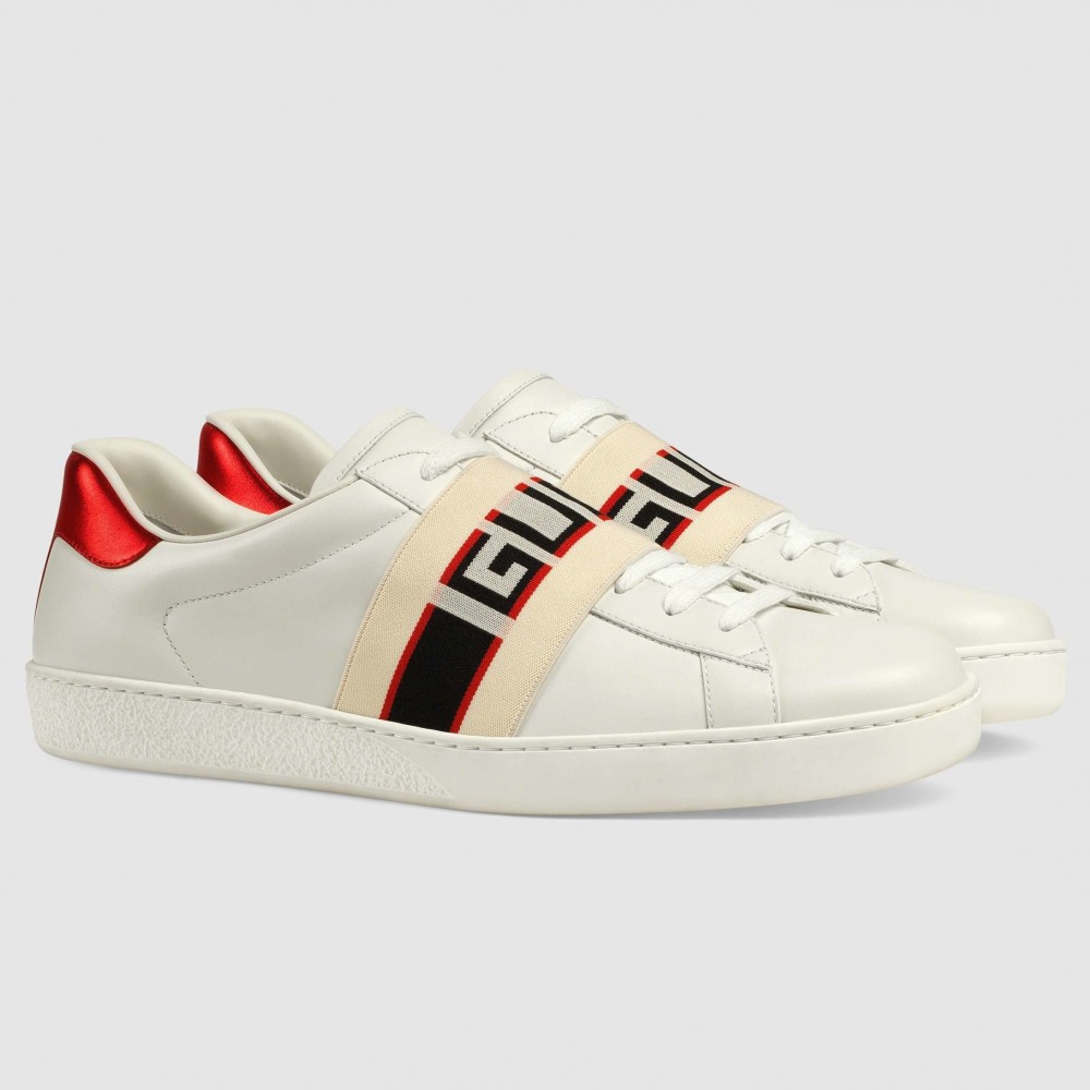 Gucci Men's Elastic Stripe Sneakers in White Leather TDSS26325