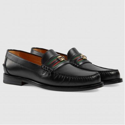 Gucci Men's Loafers in Black Leather with Interlocking G TDSS26082