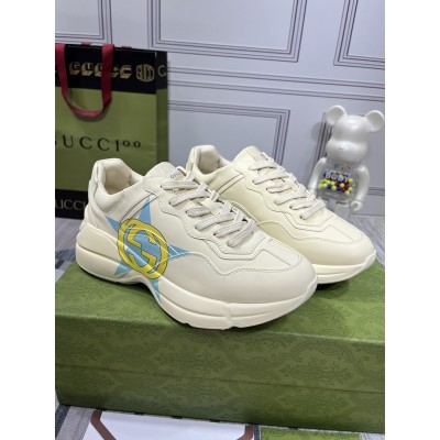 Gucci Men's Rhyton Sneakers in White Leather with Star Print TDSS26338